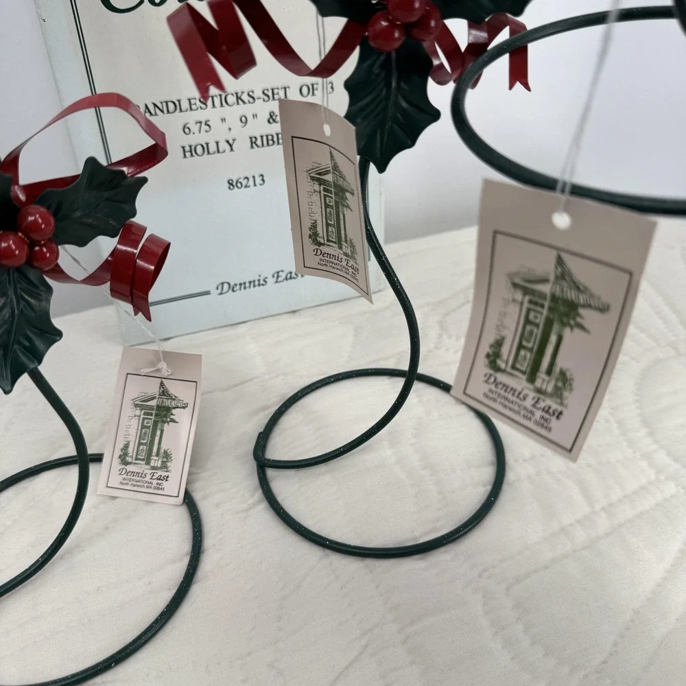 Vintage Dennis East Trellis Holly Ribbon Candlestick Set‎ Of 3 Christmas Decor
